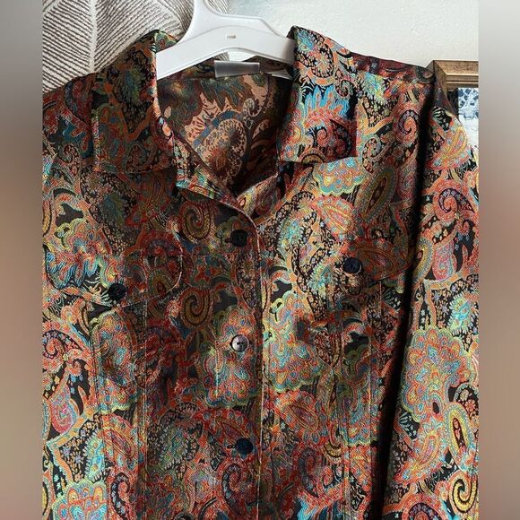 Chico's Jacket Womans Sz M Silk Blend Paisley Multicolor Metallic Button Pocket - Picture 5 of 16